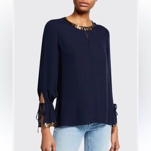 Kobi Halperin 100% Silk Juliette Embellished Georgette Blouse Size M Navy Gold